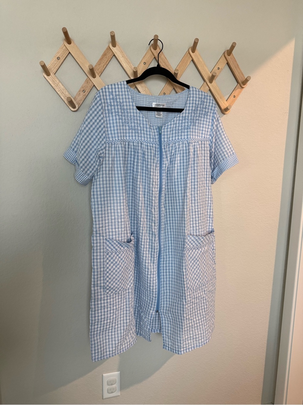 Vintage Light Blue Gingham Zip-Front Nightgown